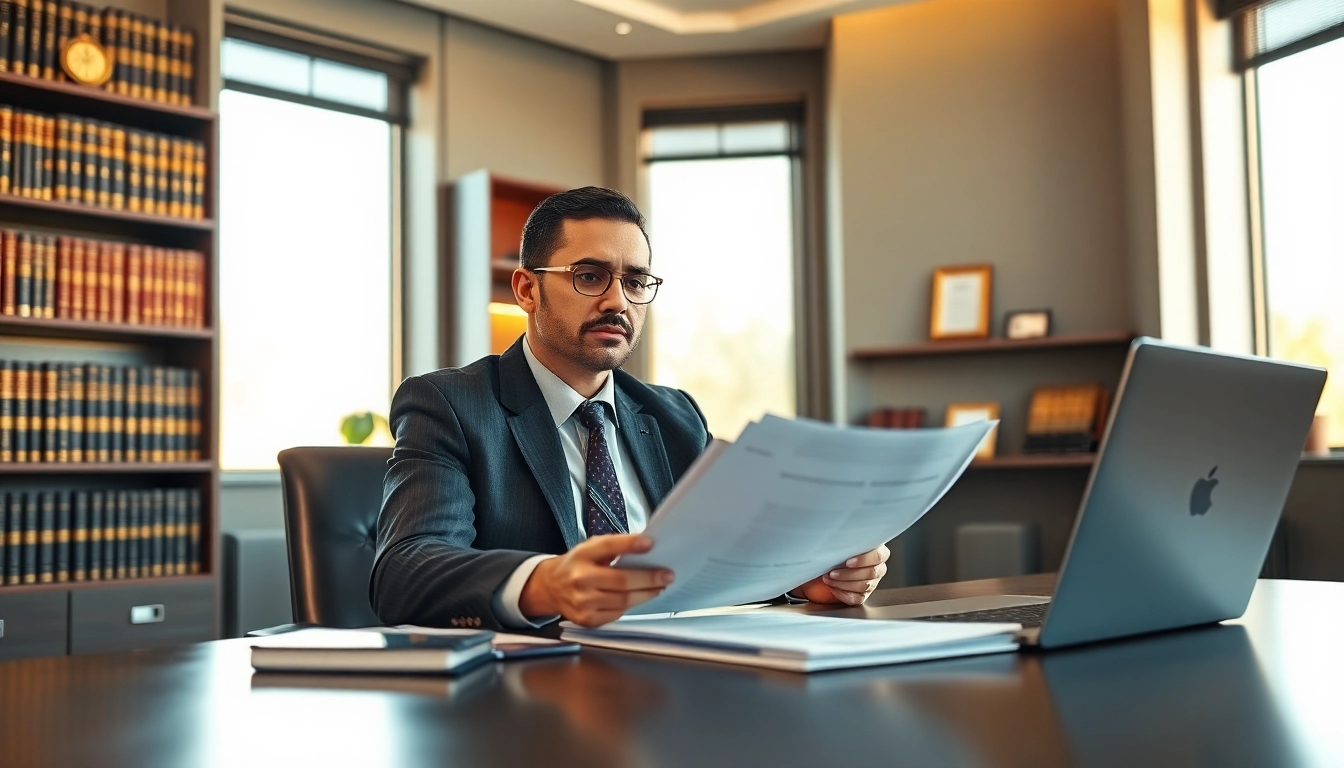 FINRA expungement attorney reviewing documents in a professional law office setting