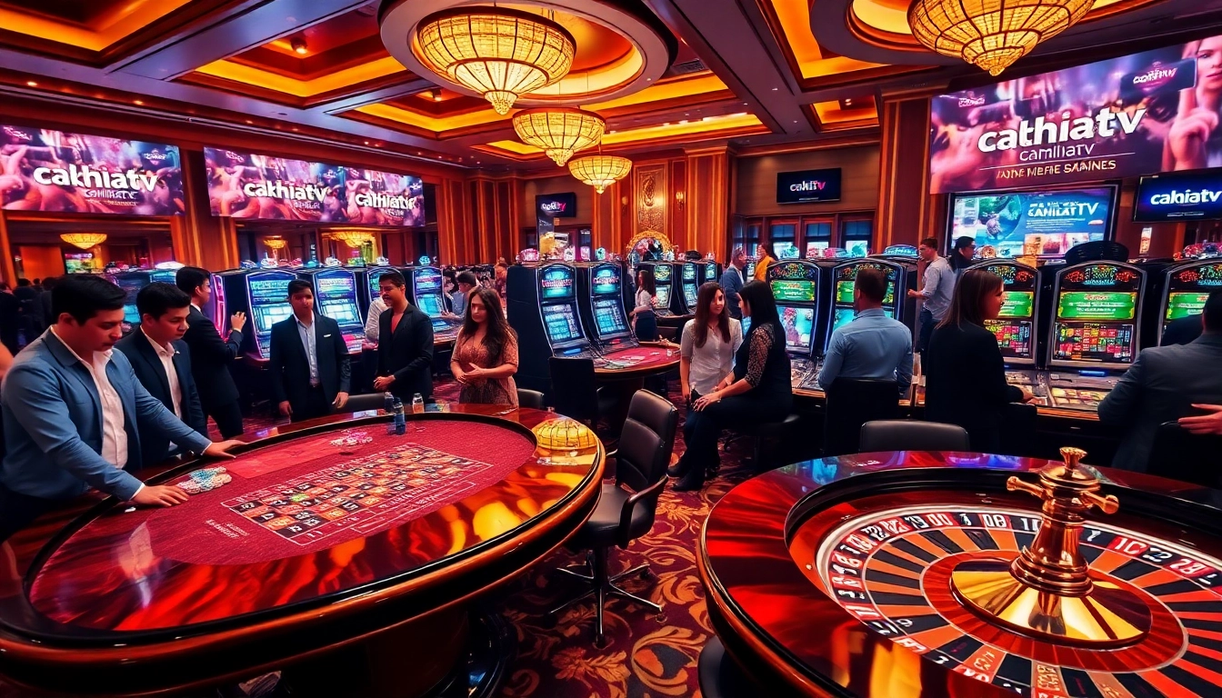 CakhiaTV hosts a lively casino scene showcasing players at roulette tables and slot machines, immersed in gambling excitement.