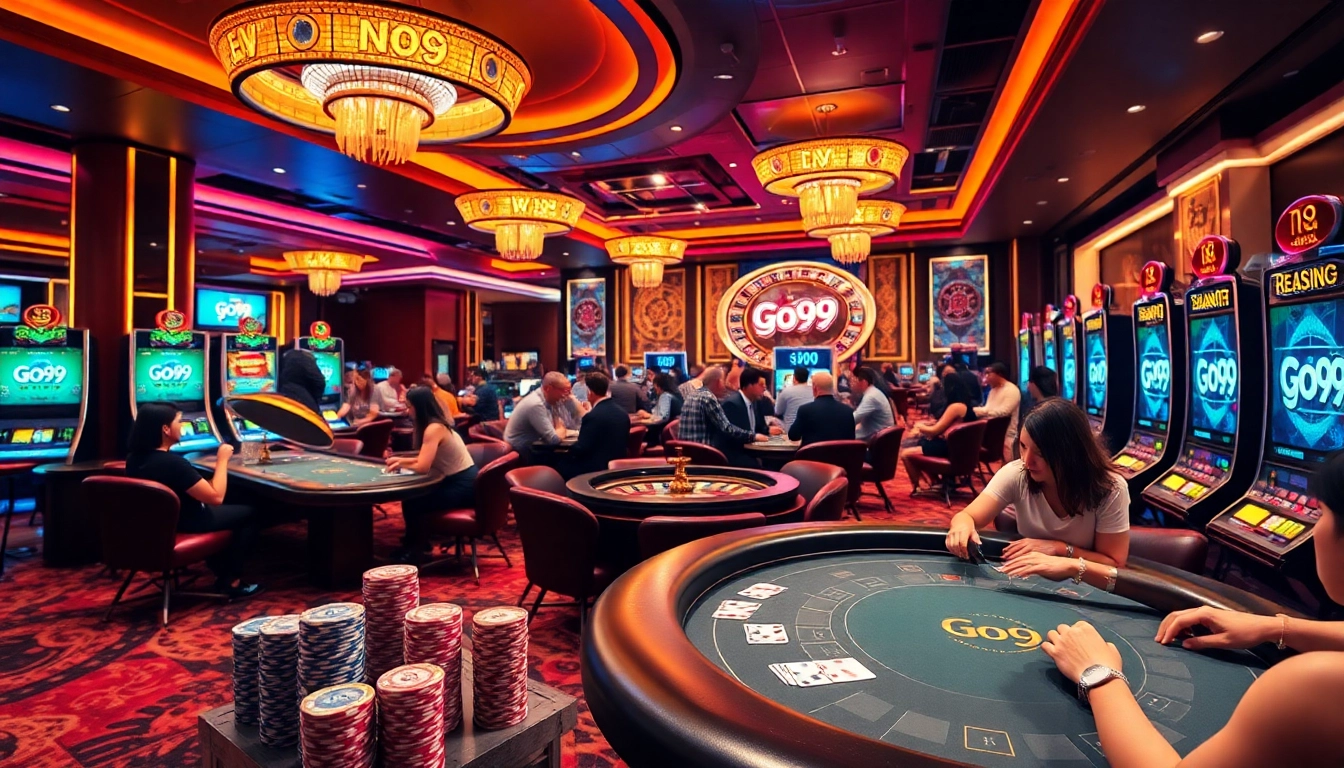 Go99 gaming area in a vibrant casino with players enjoying poker and roulette.