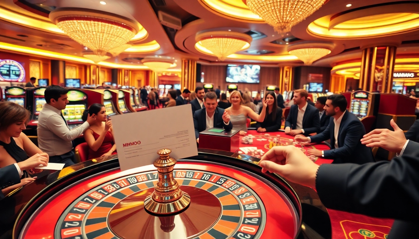 Players enjoying a vibrant casino atmosphere as they win big at MMOO games, surrounded by slot machines and roulette tables.